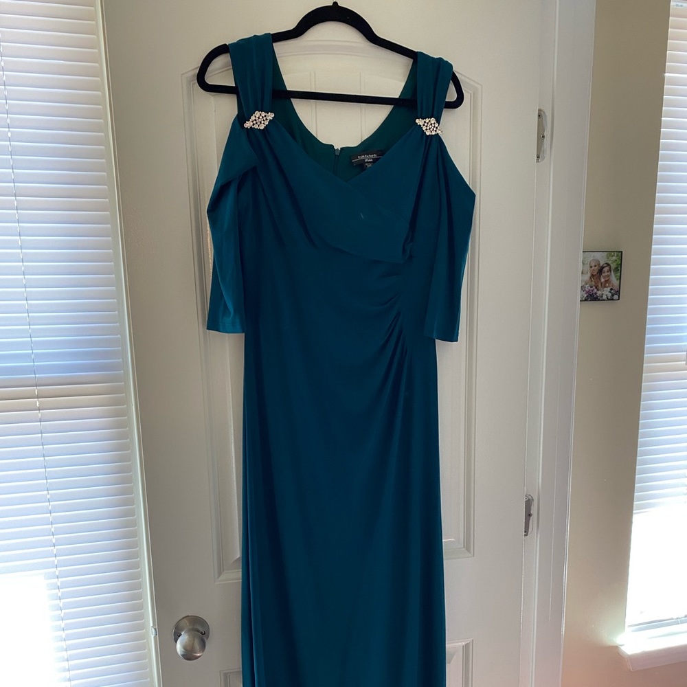 Teal Formal off the shoulder dress.
